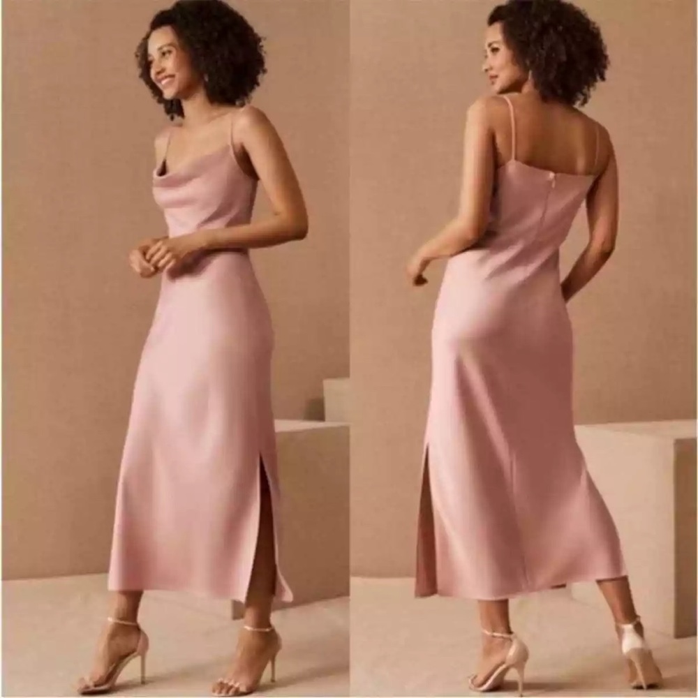 BHLDN Cali Satin Charmeuse Midi Dress Dusty Rose Pink bridesmaid dress